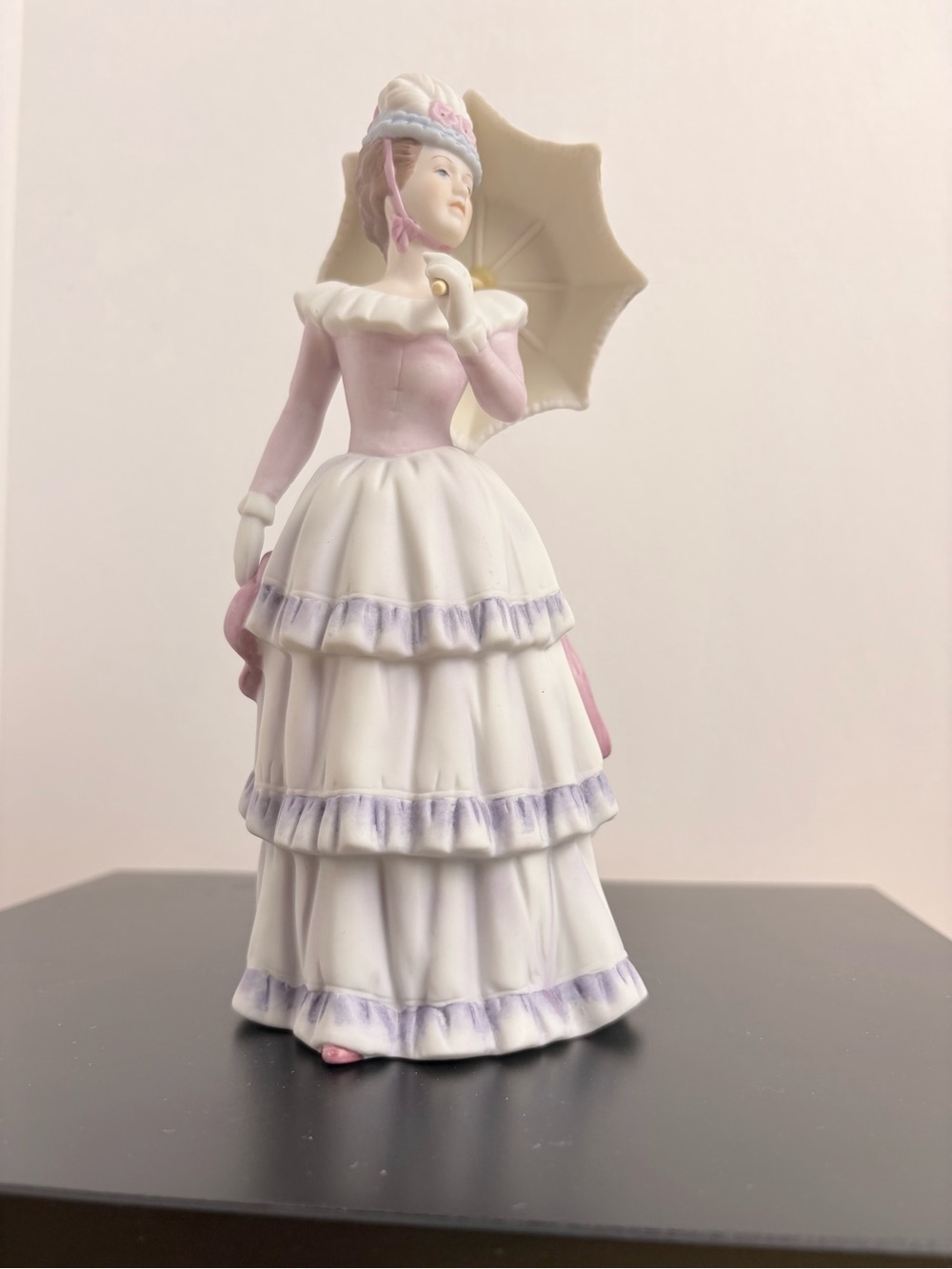 HOMCO Victorian Lady Bisque Porcelain Figurine Featuring Pink & Purple Accents
